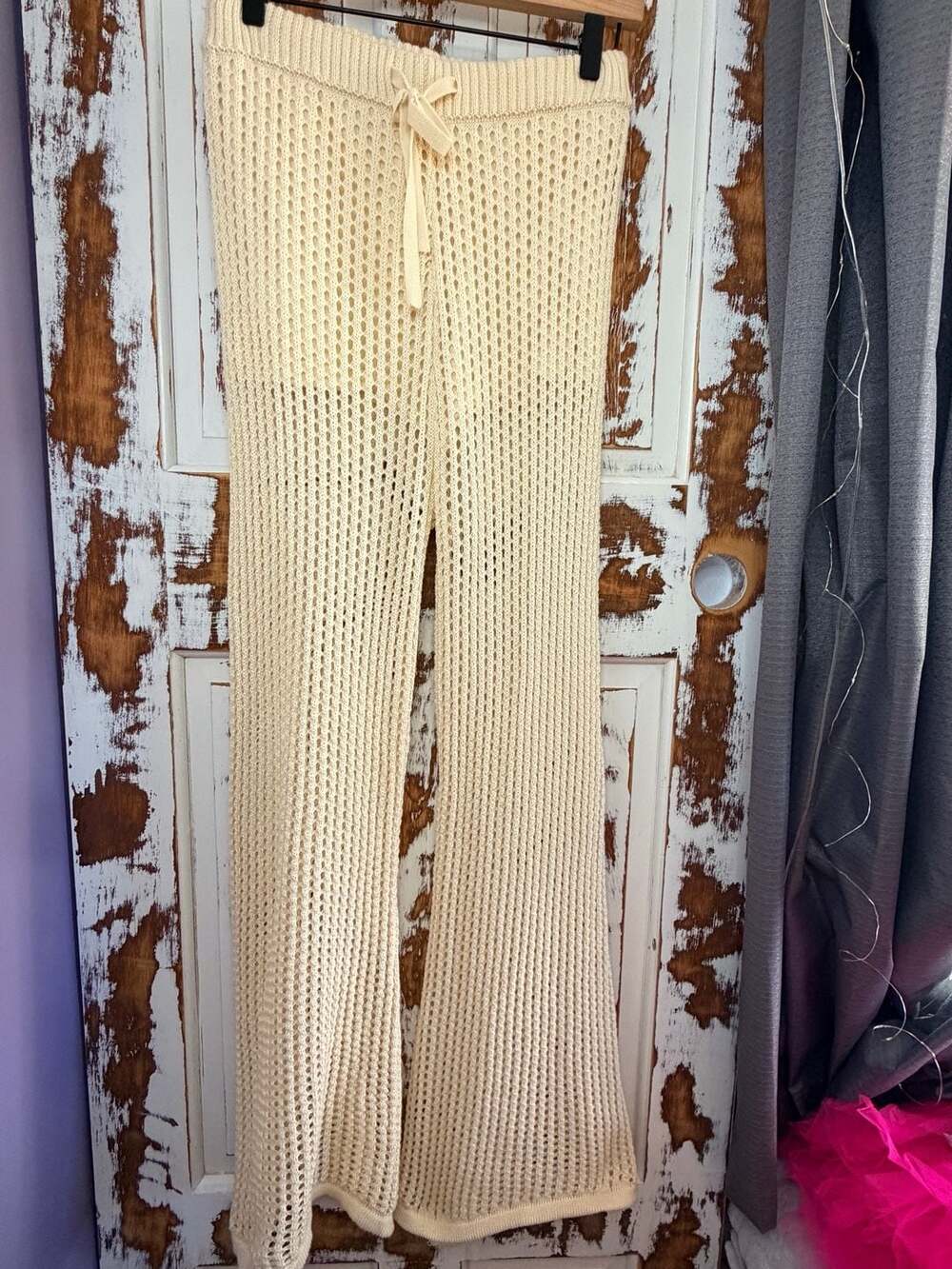 Earthbound Trading Co Open Knit Wide Leg Pants Size S Cream Boho Resort